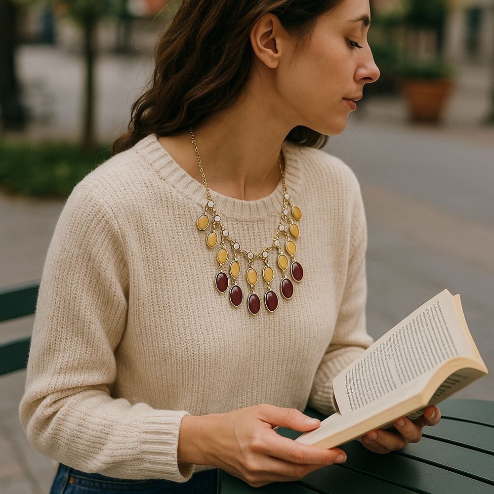 Statement Necklace Oval & Round Faceted Beads Collar